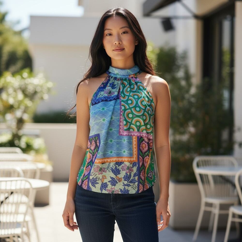 Rachel Zoe Multicolor Patchwork Print Halter Top – Size L